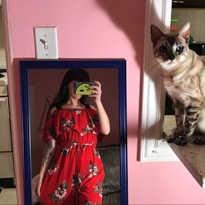 Red Floral Off the Shoulder Jumpsuit